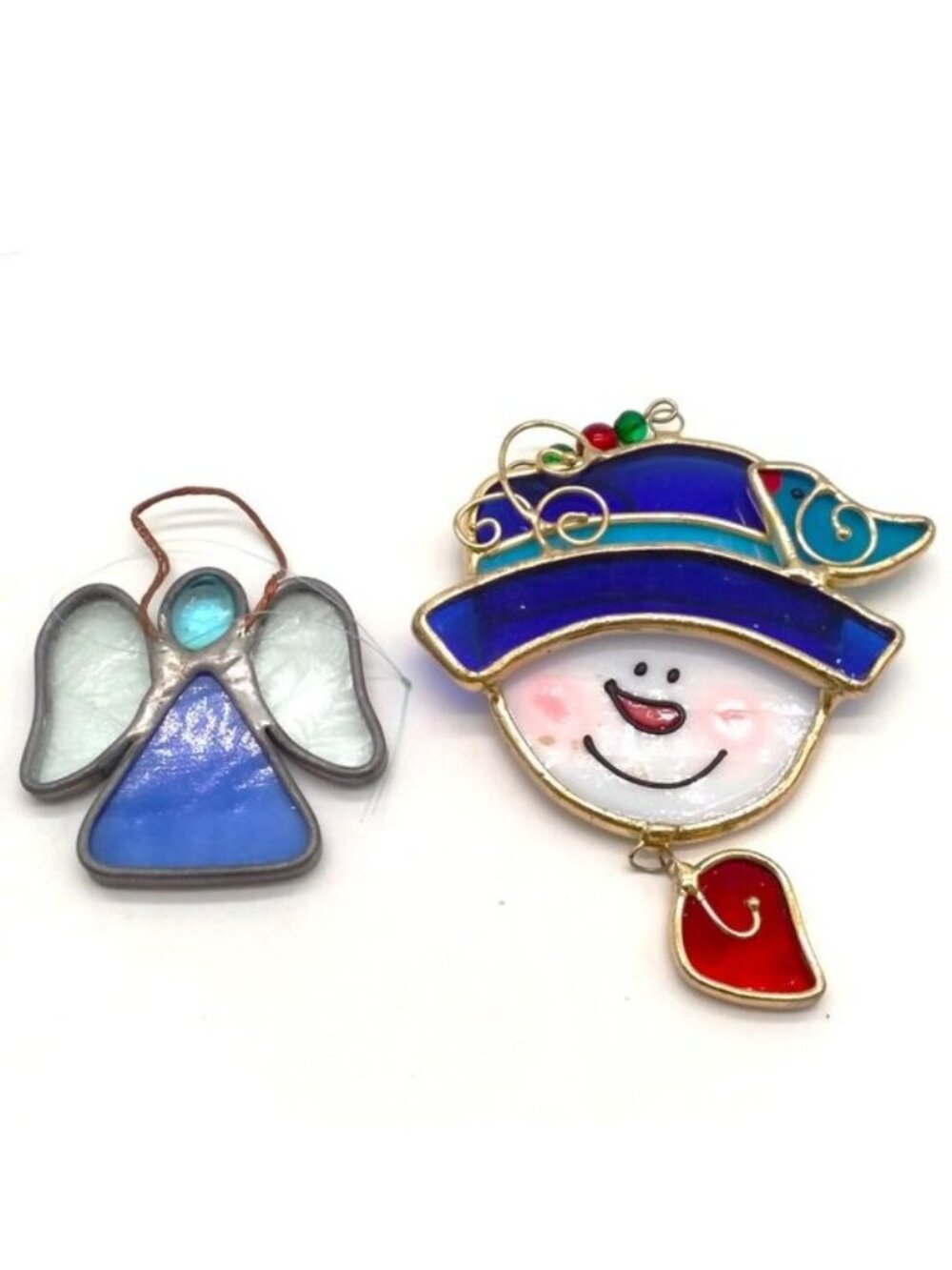 Snowman & Angel Suncatcher Stained Glass Handmade Ornament Winter Blue Bird VTG